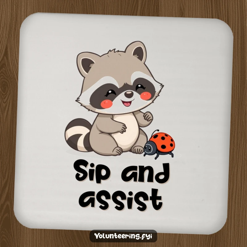 Funny drink coaster with a joyful Kawaii raccoon carefully guiding a lost ladybug, protecting surfaces with kindness, a charming funny gift.