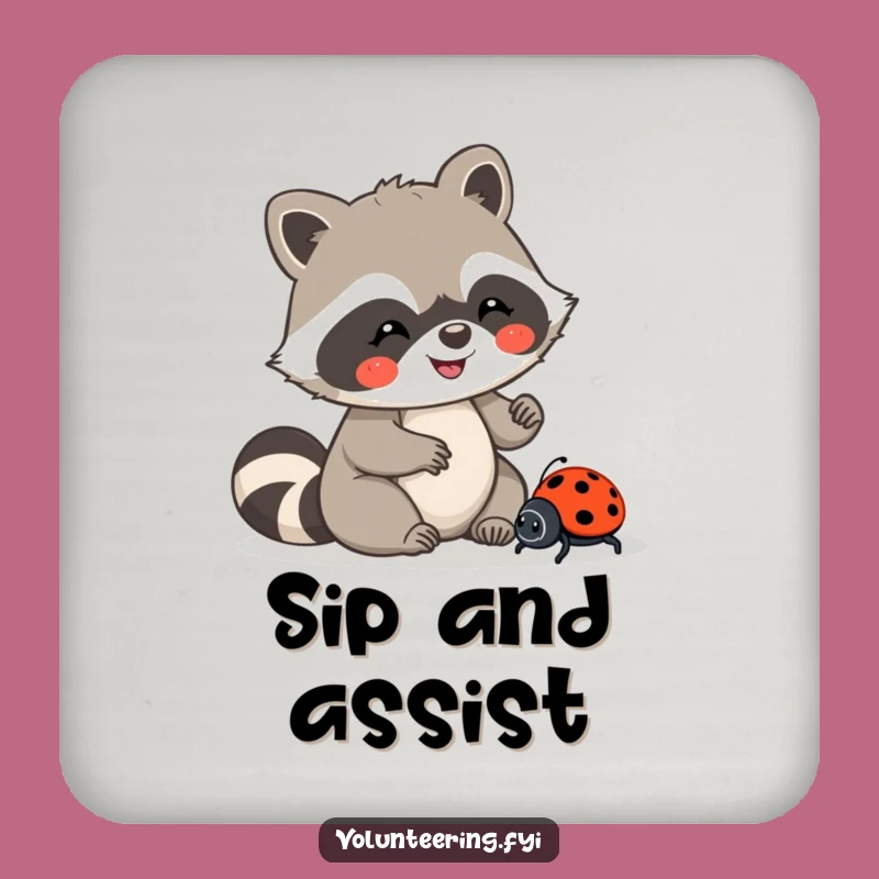 Funny Kawaii Raccoon Ladybug Coaster, Protect Surfaces Kindness, Tiny Gift