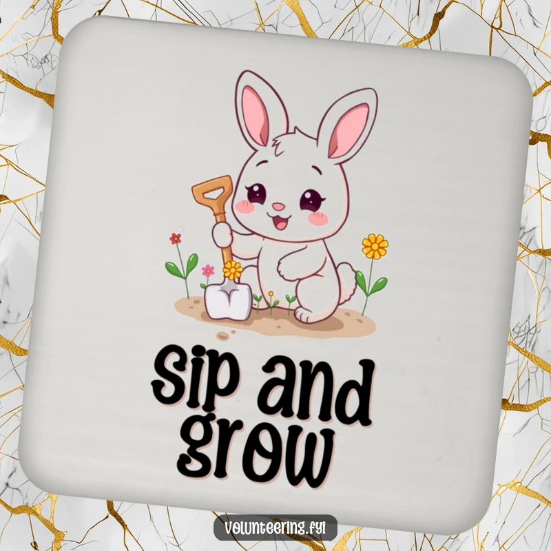 Funny coaster showcasing a happy bunny character planting tiny flowers with a smiling shovel, adding charm.