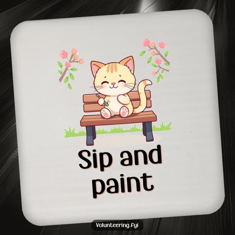 Funny drink coaster with a playful Kawaii cat painting colorful stripes on a park bench, protecting surfaces with art, a charming funny gift.