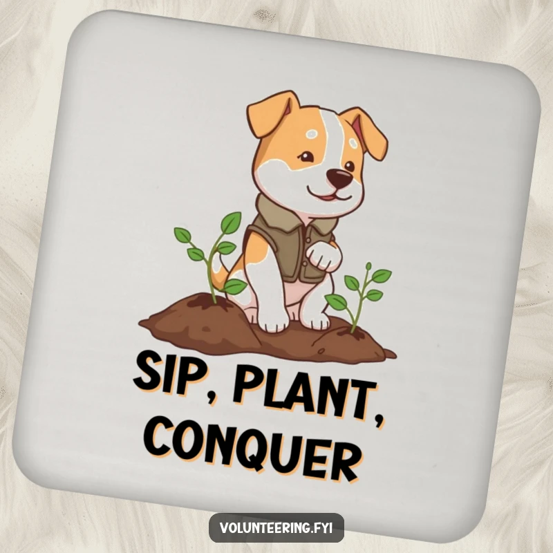 Funny drink coaster with a determined dog planting a tree, protecting surfaces with eco-friendly charm.
