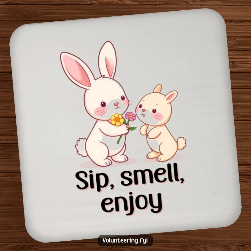 Funny Kawaii bunny rabbit offering a flower to another animal, cute drink coaster set, home accent.