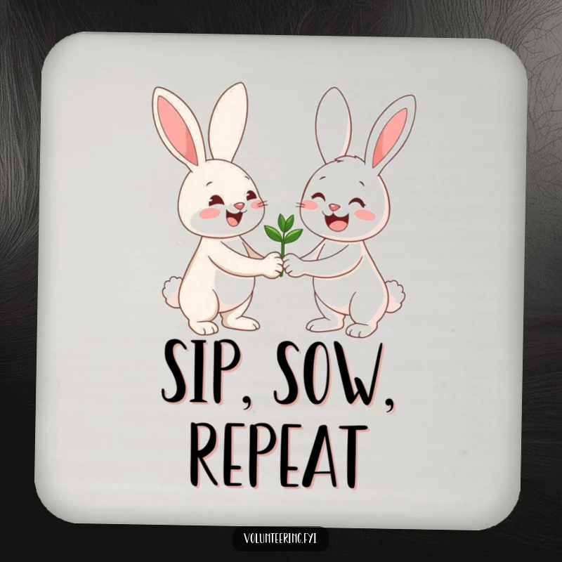 Funny drink coaster with a cheerful bunny offering a seedling, protecting surfaces with a touch of nature.