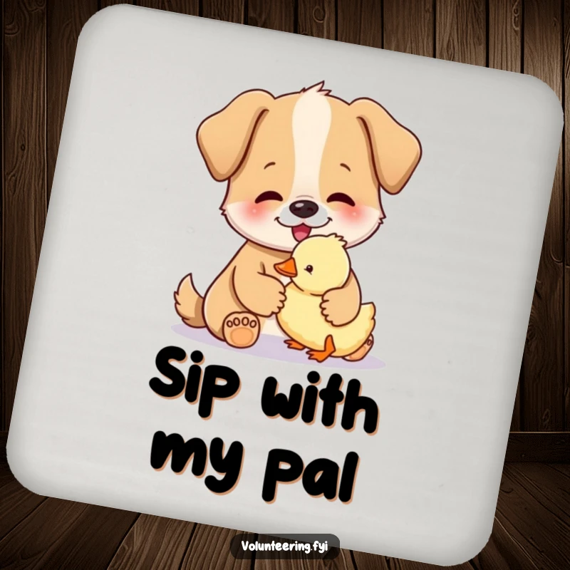 Funny coaster featuring a happy dog gently petting a small, fluffy duckling, a charming addition to any table.