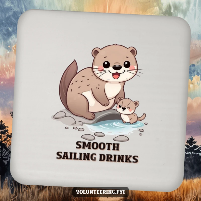 Funny Drink Coaster adorned with a happy otter character helping a smaller animal cross a stream, perfect for protecting tabletops with charm.