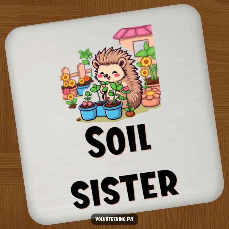 Funny Hedgehog Garden Drink Coaster: A sweet cartoon hedgehog organizing plants in a garden, protecting your surfaces with adorable whimsy.