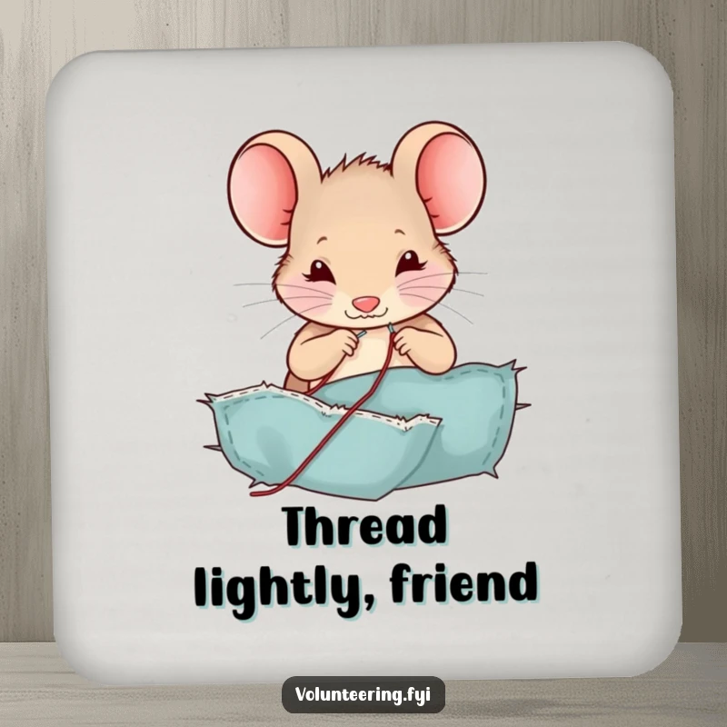 Funny mouse drink coaster, a contented character sewing a fabric tear with a miniature needle and thread, a humorous household gift.