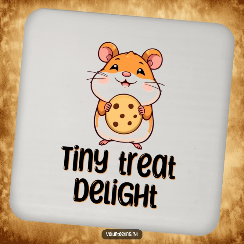 Funny hamster coasters showing a smiling hamster offering a cookie, protecting surfaces with cute, treat-themed humor.