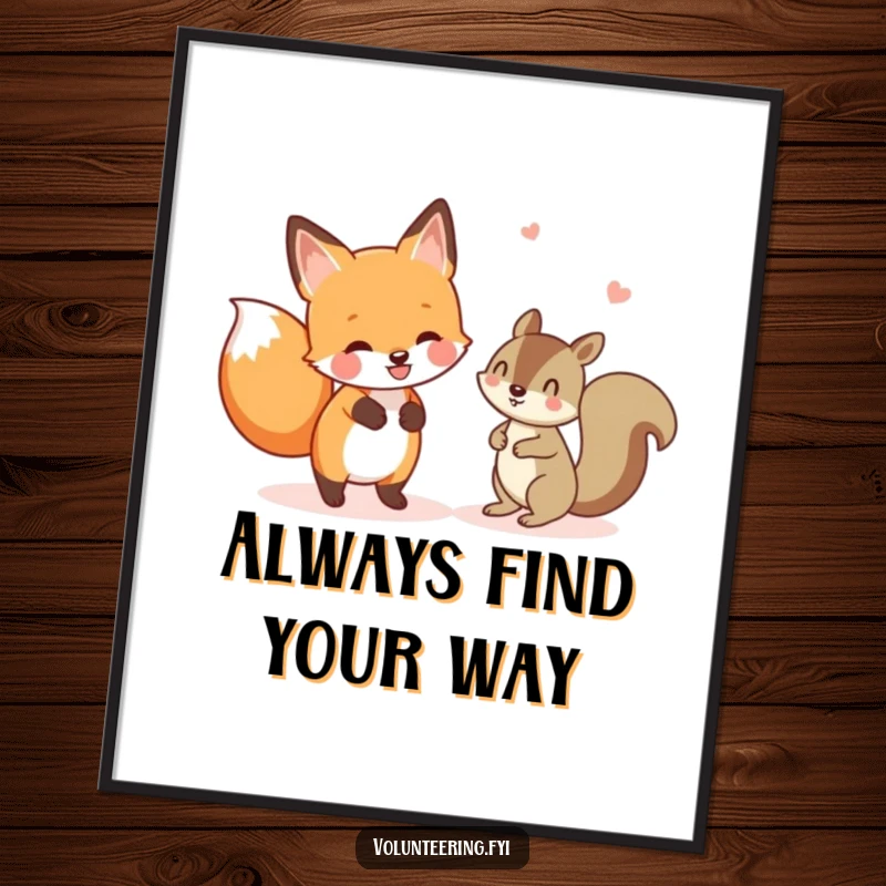 Funny poster art of a cheerful fox helping a lost squirrel find its way, showcasing humorous and heartwarming kindness. Perfect funny gift.