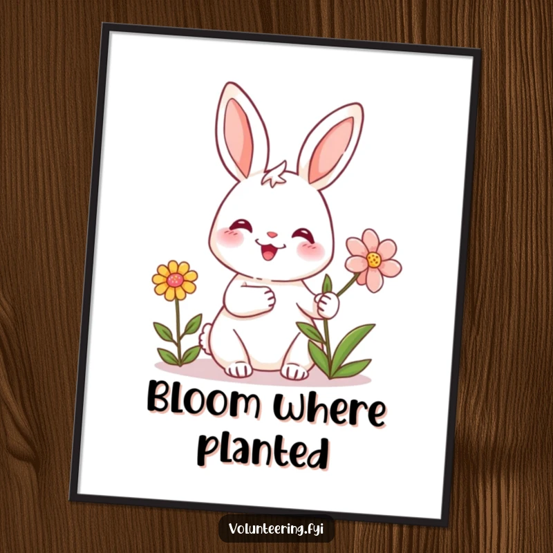 Funny poster art of a friendly rabbit smiling and offering a flower, adding heartwarming and humorous decor.