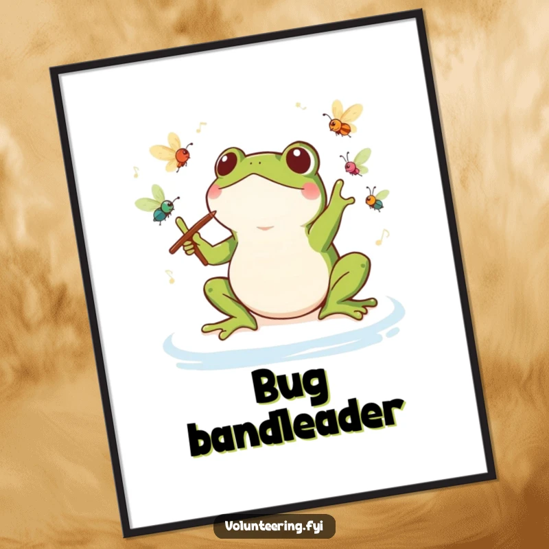 Funny Kawaii Frog Conductor Poster: Vibrant art print of a frog leading an insect orchestra, celebrating nature's music with humor.
