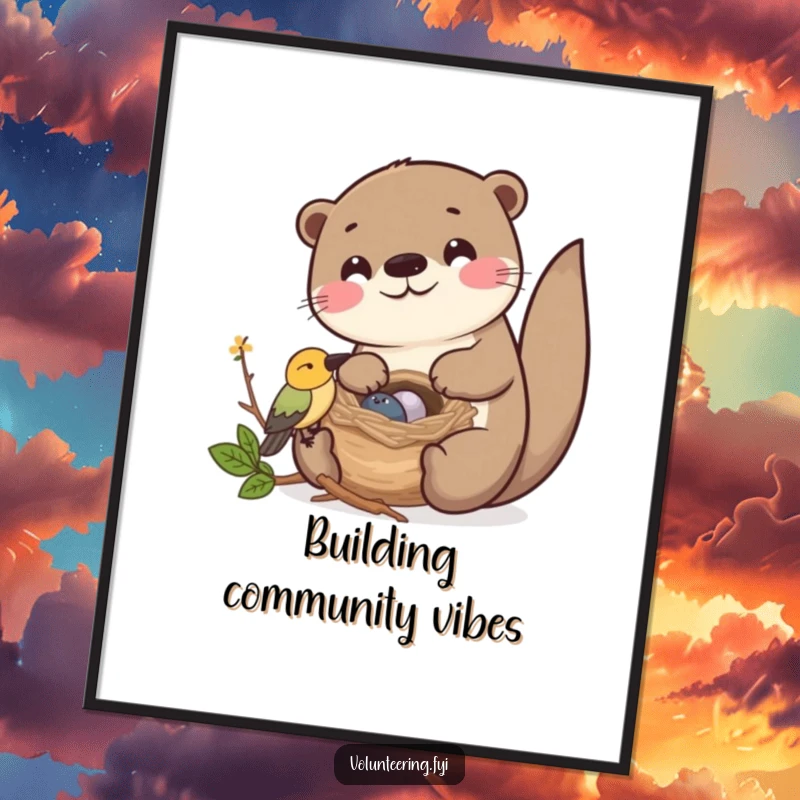 Funny Kawaii otter helping a bird build its nest, cute friendship art print.