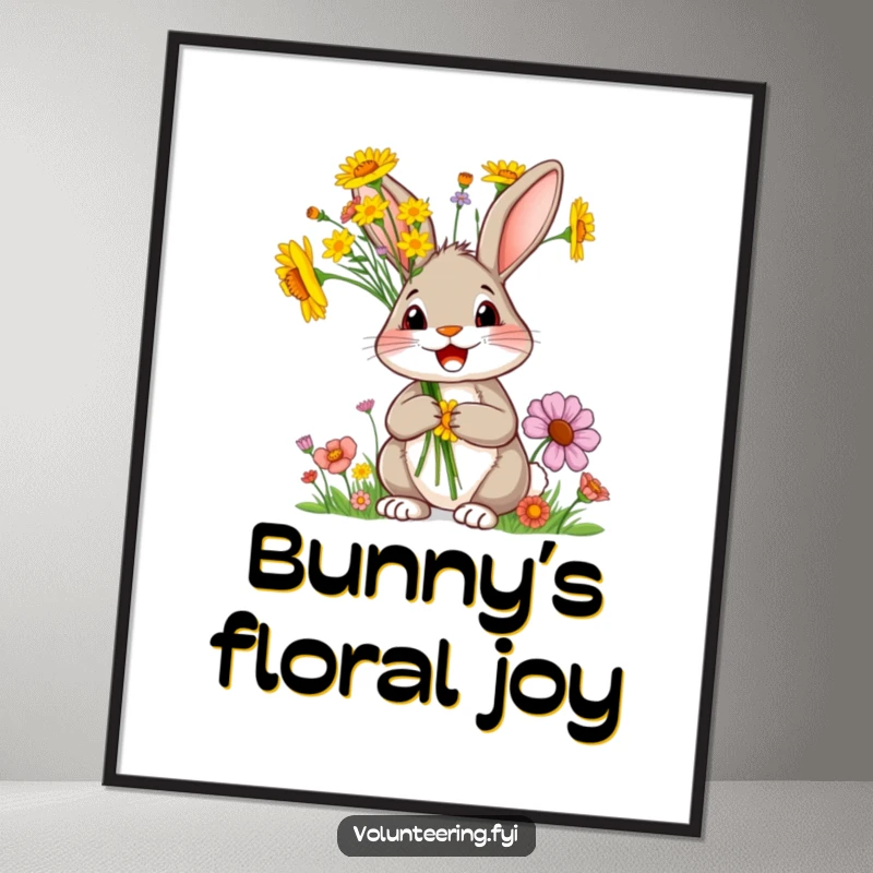 Funny rabbit poster, a delighted cartoon rabbit holding a big bunch of bright wildflowers, adding joyful decor.