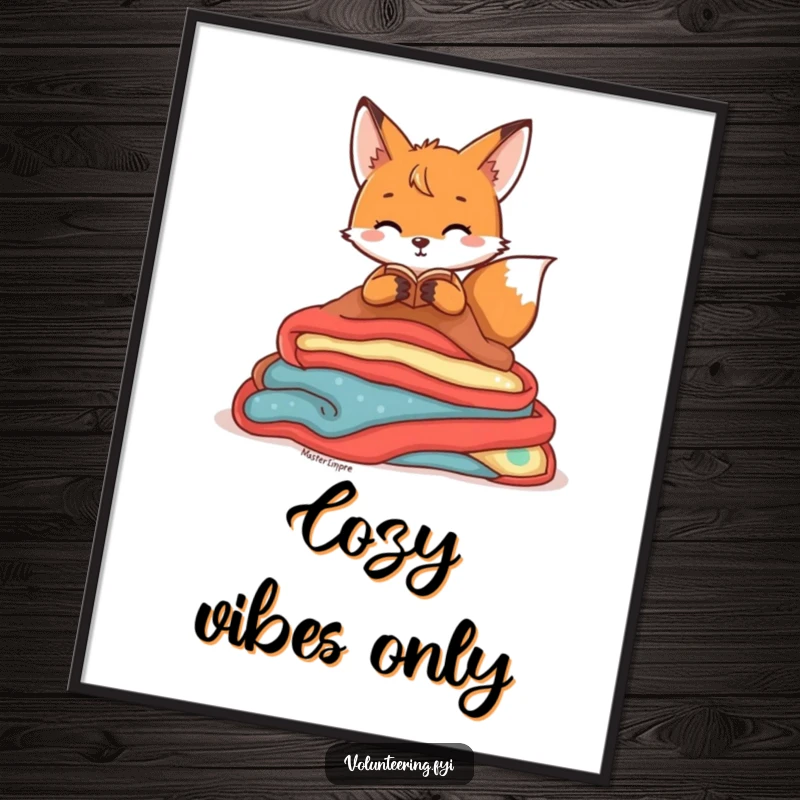 Funny Poster depicting a playful fox character organizing a pile of colorful blankets, radiating tidiness and charm.