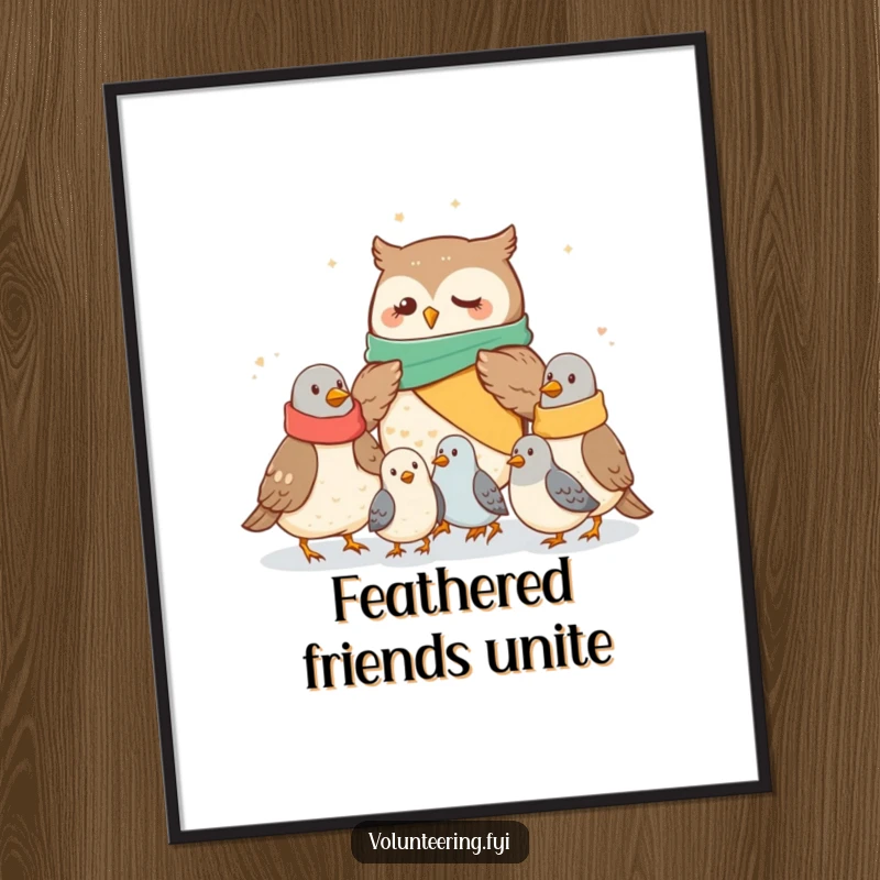Funny owl poster depicting a cute owl sharing warm blankets with cold pigeons, bringing a humorous and heartwarming touch.