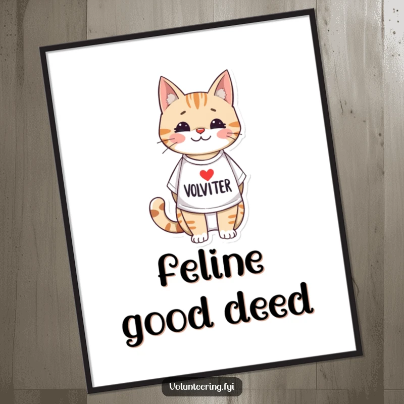 Funny poster featuring an adorable illustrated cat wearing a volunteer t-shirt, radiating kindness and a helpful personality, ideal for decor.