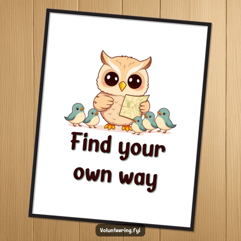 Funny poster of a smiling owl pointing at a map, instructing smaller birds, illustrating guidance and whimsical adventure for wall art.
