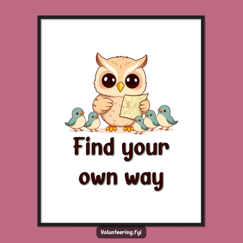 Funny Owl Guiding Birds Poster - Whimsical Map Art for Walls