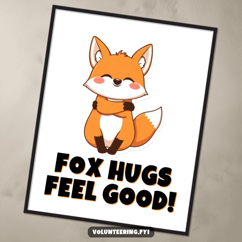 Funny fox poster, a joyous cartoon fox offering a warm, comforting hug, adding warmth and humor to decor.