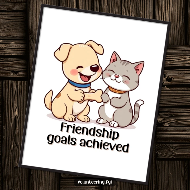 Funny poster art of a happy dog offering a bone to a grateful cat, highlighting a humorous and endearing animal interaction. Great funny gift.