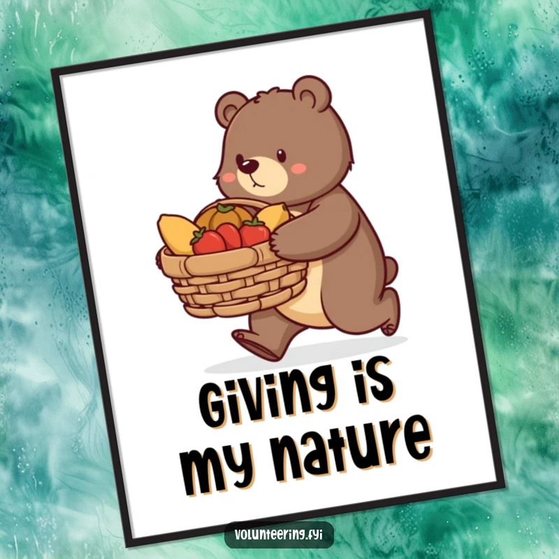 Funny bear poster, a determined bear carrying a large basket of donated food, embodying community spirit and the power of giving.