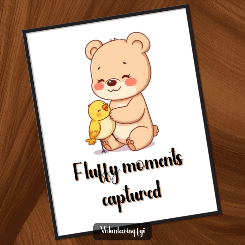 Funny poster showing a joyous bear cub gently patting a tiny, bewildered bird, capturing a moment of tenderness.