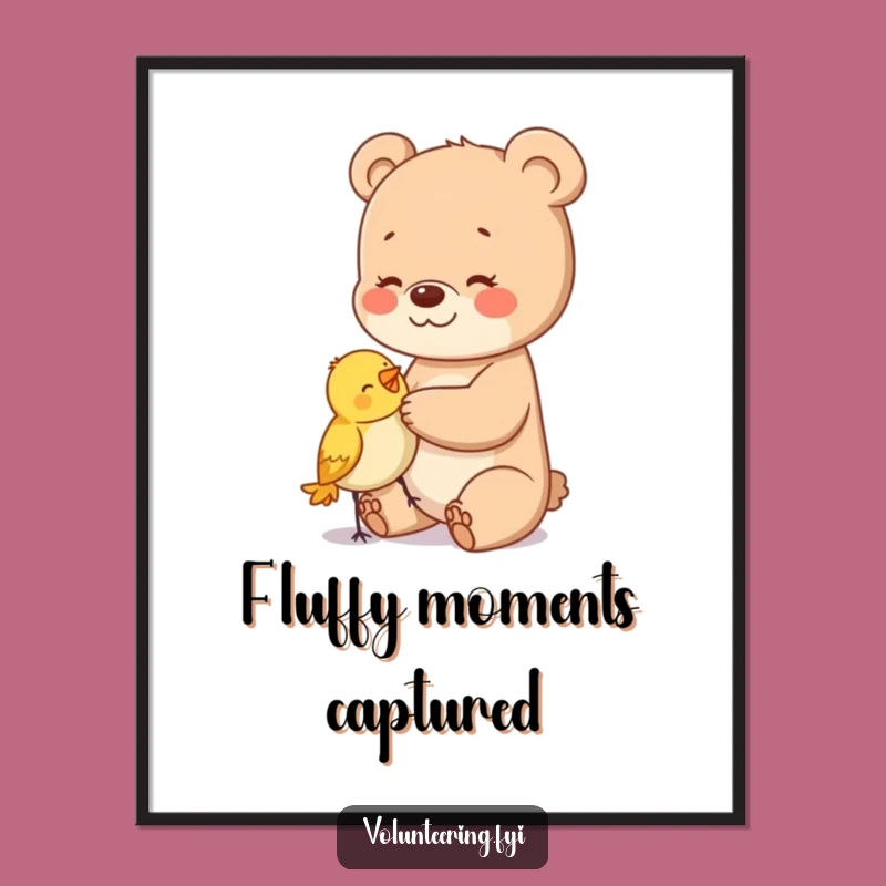 Funny Bear Cub Art Poster: Gentle Giant Befriending Bird