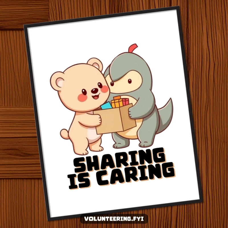 Funny Poster depicting a cheerful bear cub character offering a box of supplies to another creature, radiating warmth and helpfulness.