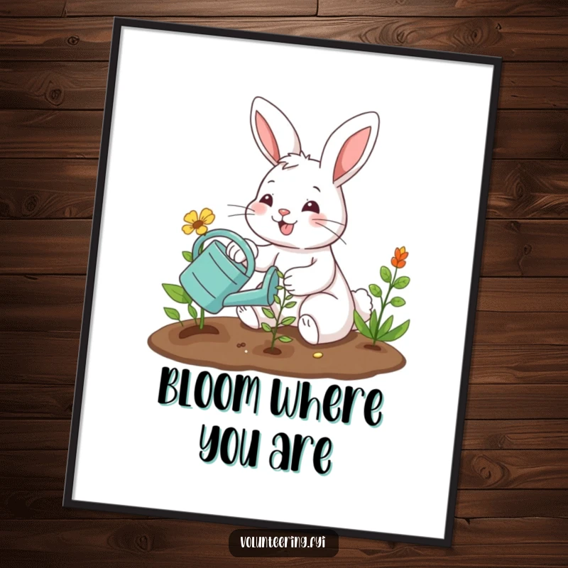Funny poster art of a smiling bunny planting a seedling, bringing humorous gardening charm and cute animal vibes. Perfect funny gift.