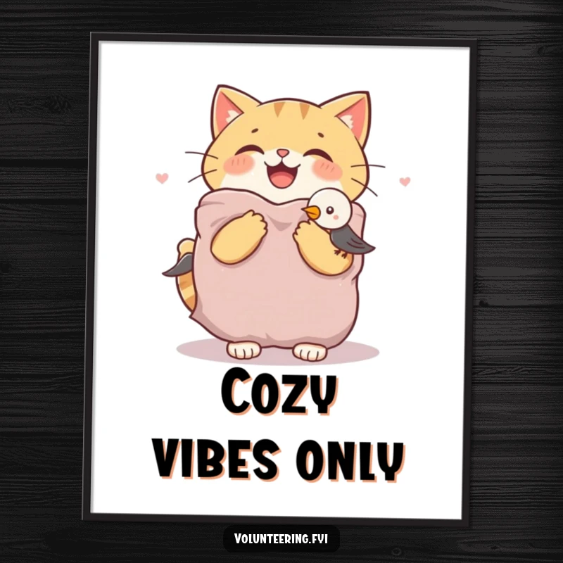 Funny cat poster featuring a joyful cat offering a warm blanket to a shivering bird, heartwarming animal art for your walls.