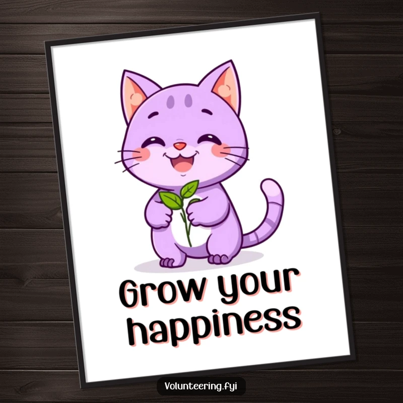 Funny poster of a playful purple cat smiling while offering a seedling, creating a heartwarming and humorous piece of wall art.
