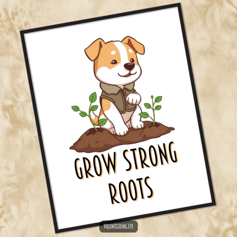 Funny poster of a determined dog wearing a vest, planting a tiny tree, symbolizing environmental action.