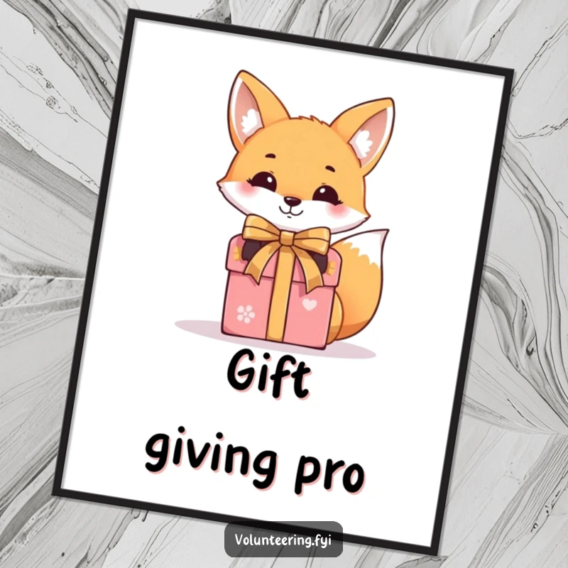 Funny poster art of a smiling fox skillfully tying a ribbon around a gift box, conveying festive cheer and wit.