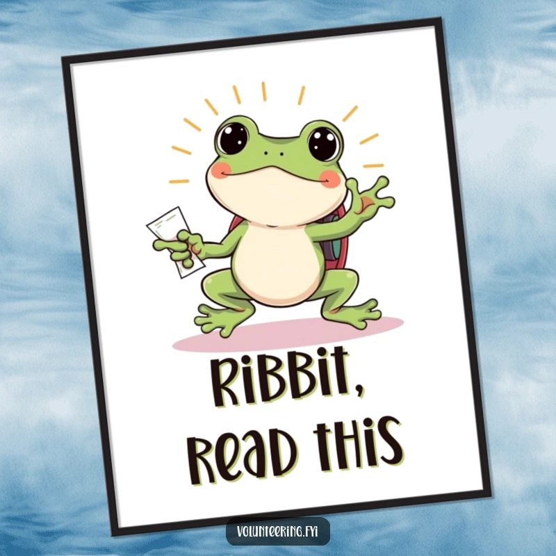 Funny frog poster, a jumping amphibian with a backpack beaming while handing out flyers, a humorous and dynamic art piece.