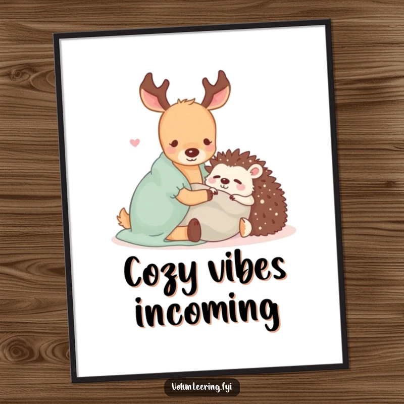 Funny art print depicting a Kawaii deer and hedgehog sharing a blanket, radiating warmth, friendship, and ultimate coziness.