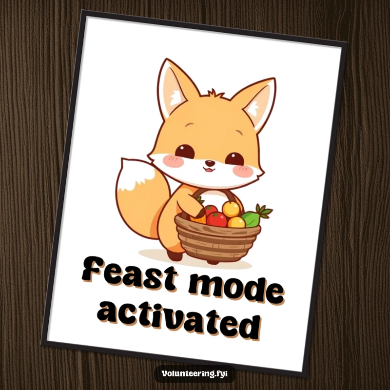 Funny Kawaii fox carrying a basket of food to share with others, cute art print.