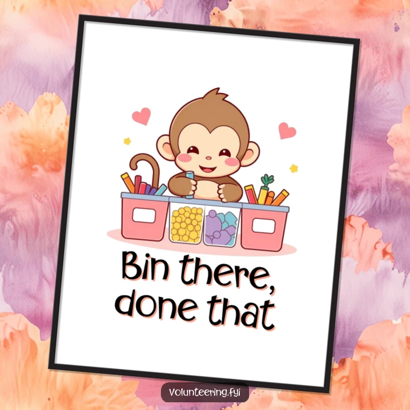 Funny kawaii monkey sorting poster, an illustration of a monkey organizing colorful items into bins, symbolizing tidiness and fun wall decor.