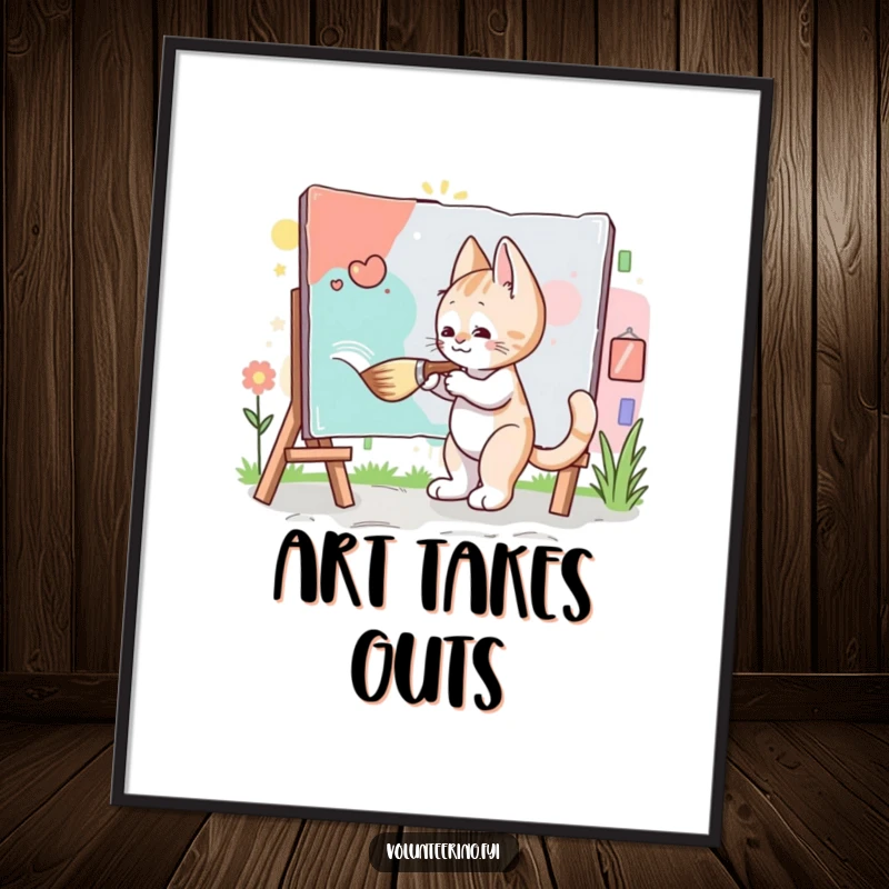 Funny Kitten Artist Poster: A small, diligent kitten paints a community mural using a very large brush, a humorous and inspiring artwork.