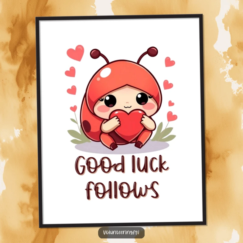 Funny poster of a helpful red ladybug with a large heart gently guiding newcomers, creating a heartwarming and humorous piece of wall art.