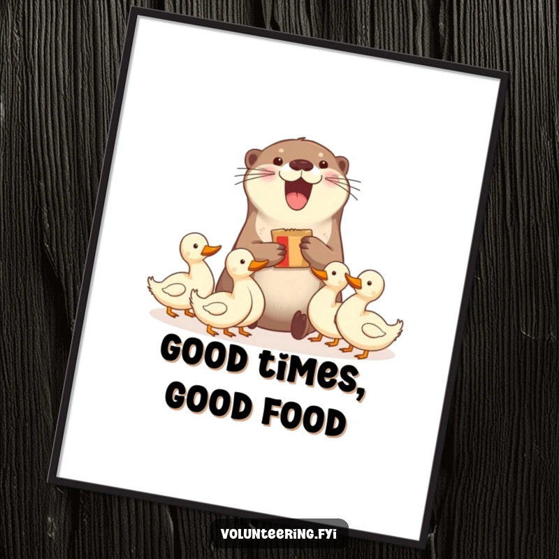 Funny poster art of a delighted otter sharing snacks with ducks, showcasing humorous and heartwarming generosity. Perfect funny gift.