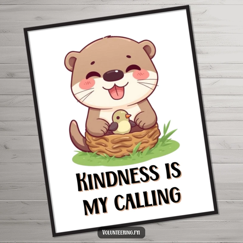 Funny Otter Helping Bird Nest Poster capturing a joyful otter's gentle act of returning a tiny bird to its nest, a serene wildlife moment.