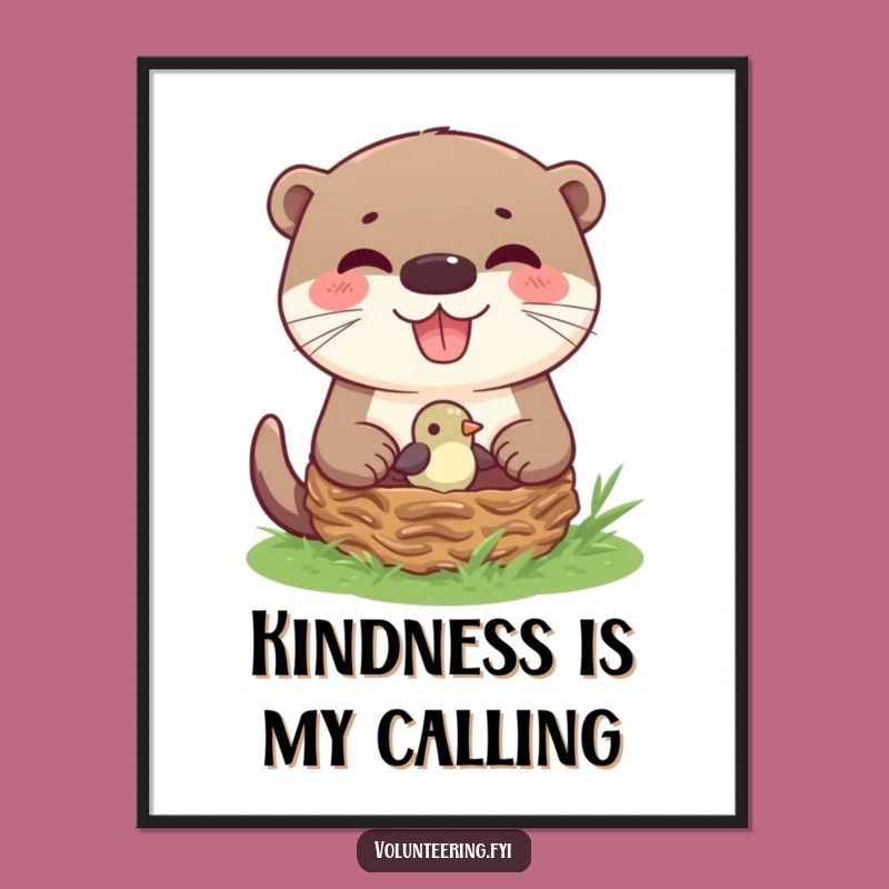 Funny Otter Helping Bird Nest Poster: Heartwarming Wildlife Art Print, Perfect Gift