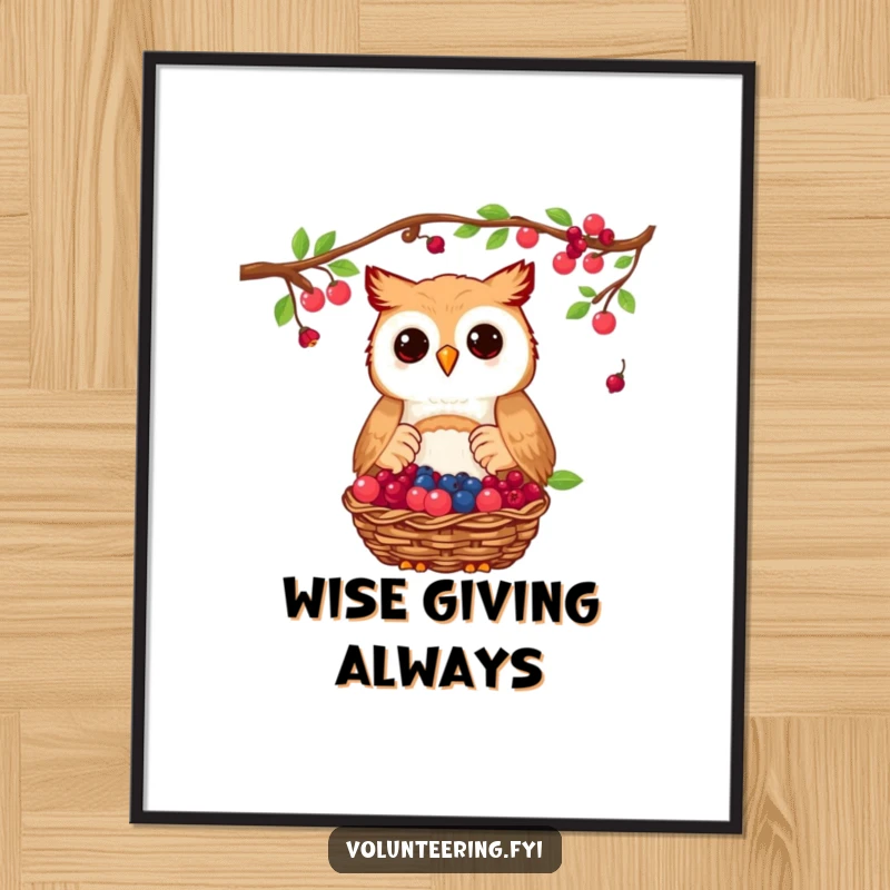 Funny owl poster featuring a proud owl donating a basket of collected berries, inspiring animal art for wall decor.