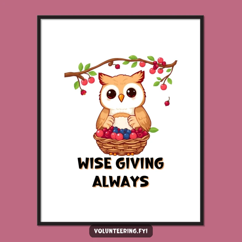 Funny Owl Berry Donation Poster - Generous Animal Art Print Gift