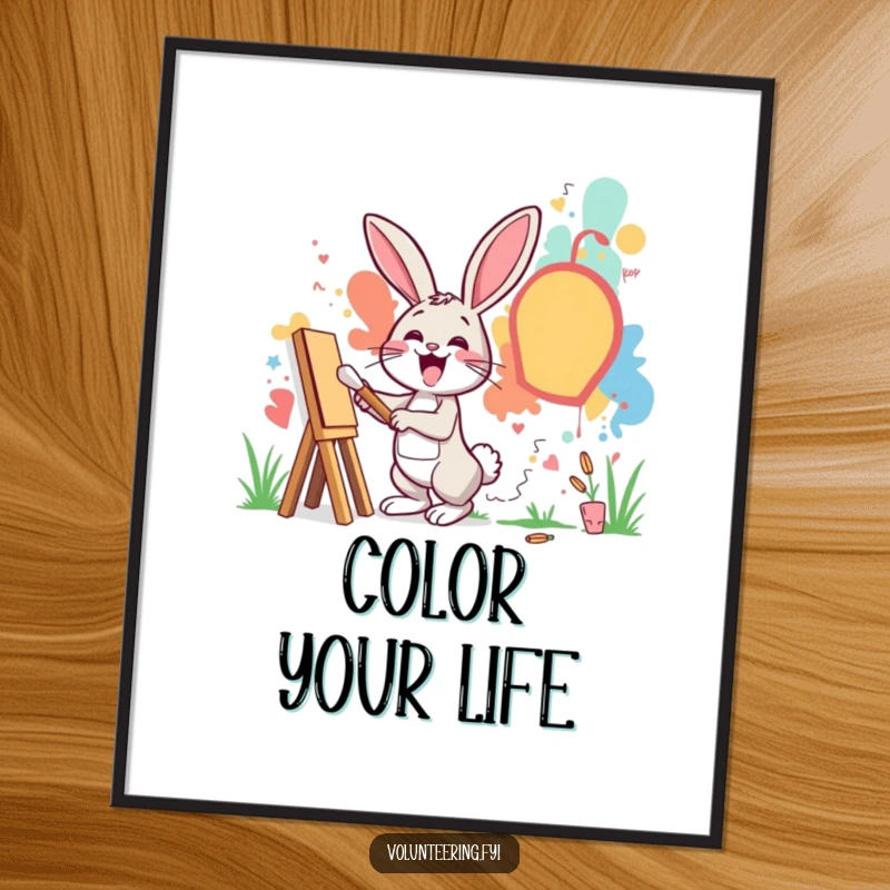 Funny poster of an excited rabbit painting a vibrant mural on a community wall, celebrating street art.