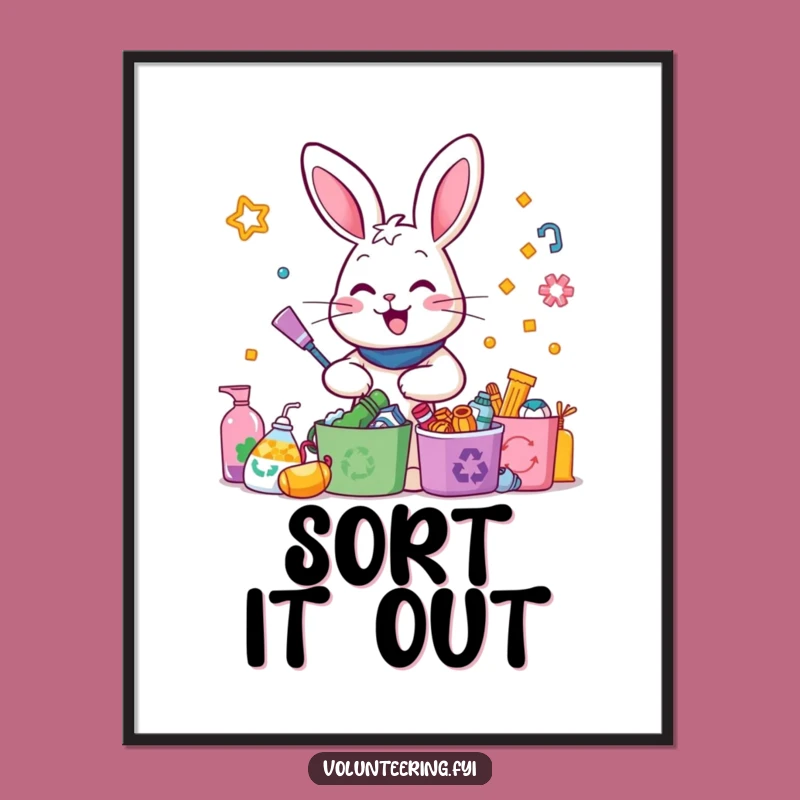 Funny Rabbit Recycling Poster: Enthusiastic Sorting Art - Hilarious Eco Decor Gift Idea