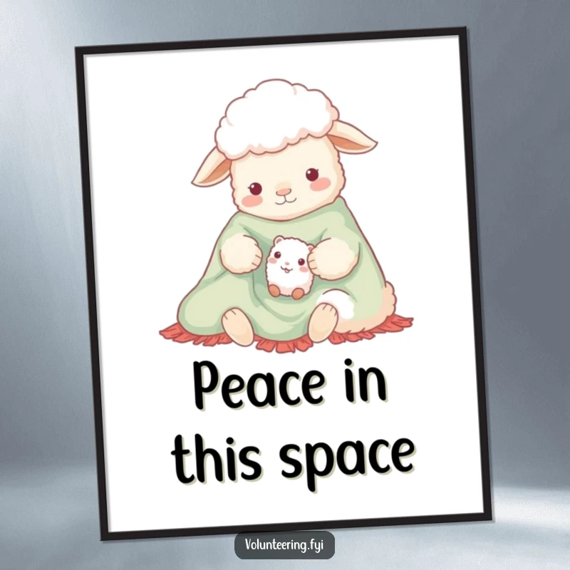Funny poster illustrating a gentle sheep and a small creature sharing a bright, cozy blanket, creating a heartwarming and humorous wall decor piece.