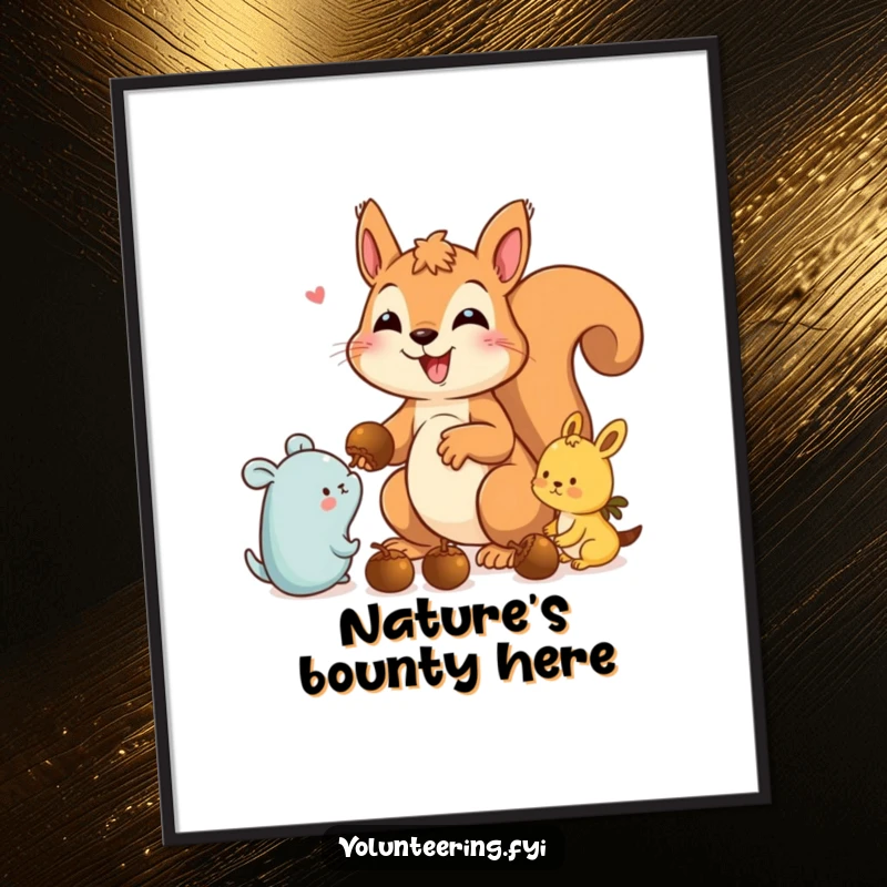 Funny squirrel poster illustrating a delighted squirrel handing out acorns to adorable forest animals, emphasizing sharing and friendship.