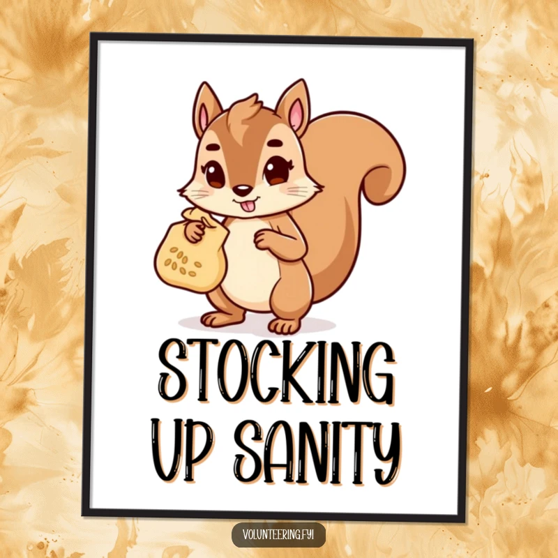 Funny Poster depicting a determined squirrel character carrying a bag of seeds, radiating helpfulness and a sense of purpose.