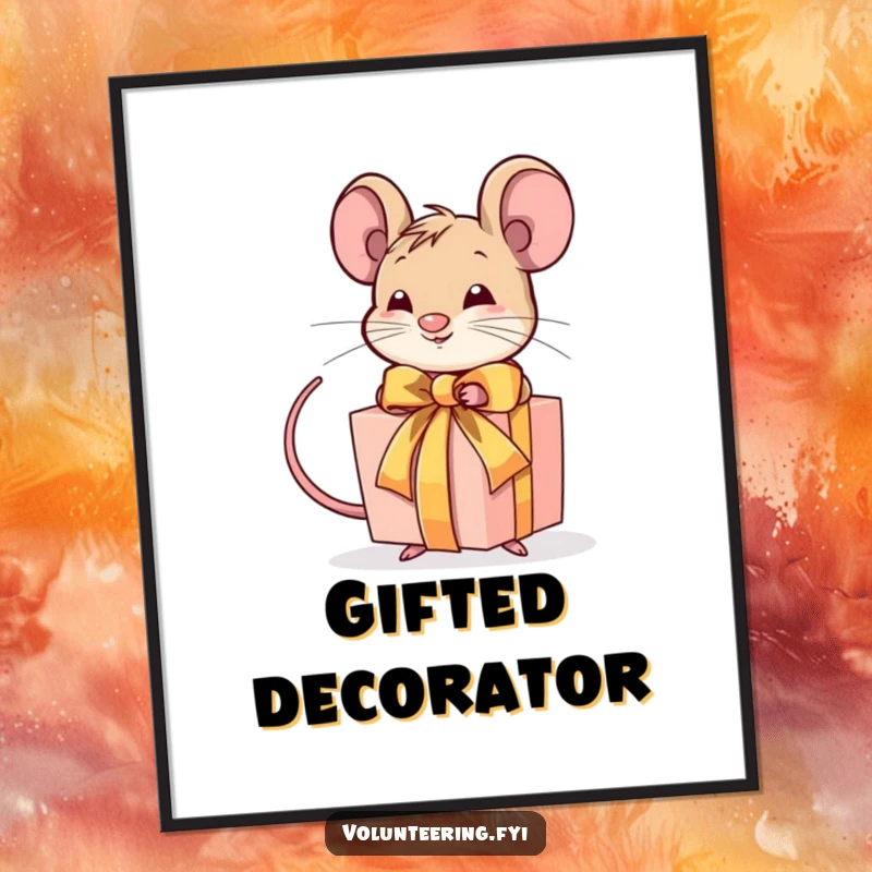 Funny poster art of a determined mouse tying a ribbon around a gift, adding meticulous and humorous decor.